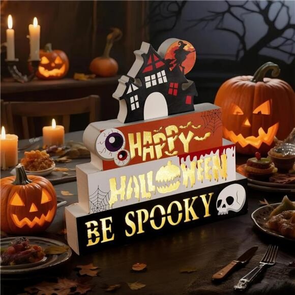 Halloween Decorations Indoor 9.4" 4-Tier Wooden Block Set with Glowing 3D - Picture 6 of 8